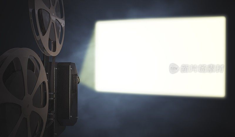 老式电影放映机在墙上放映空白屏幕。3 d渲染插图。